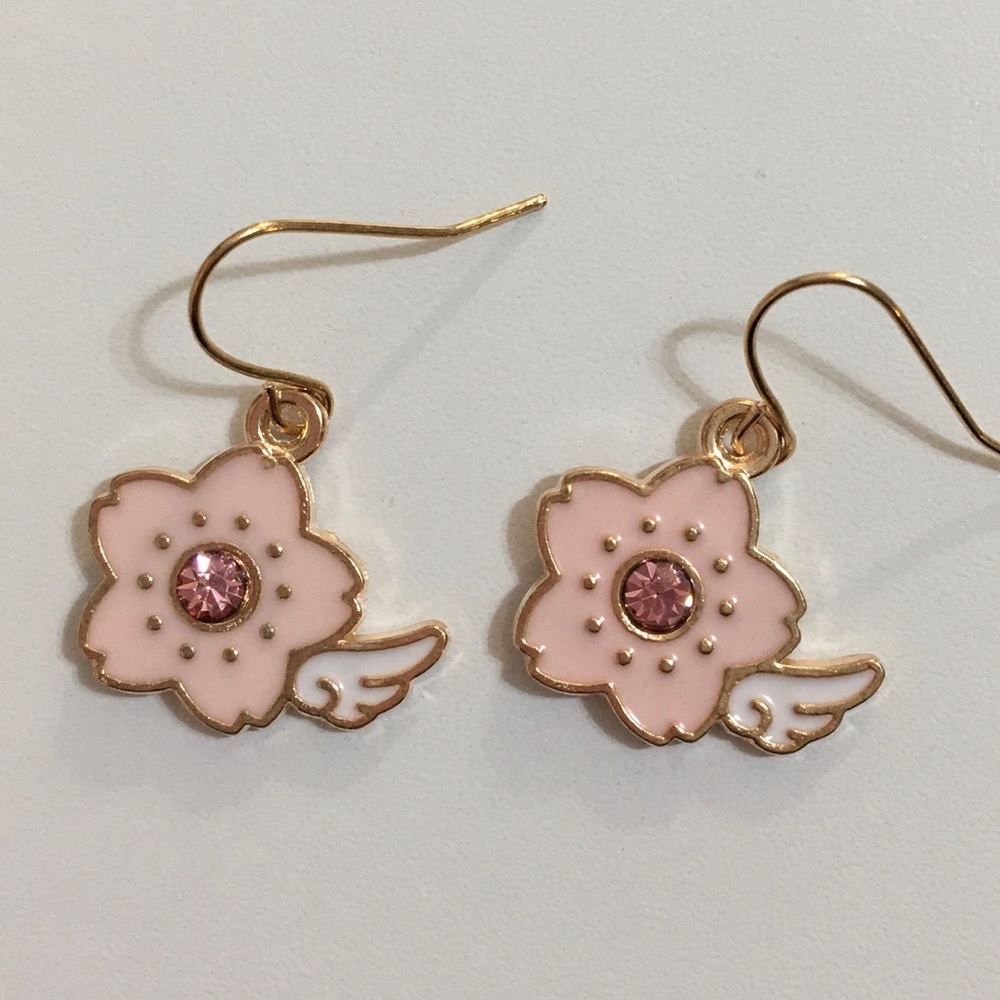 Pink Flower ￼Pink CZ in the middle￼With White Wing￼ Earrings Rose Gold Hooks